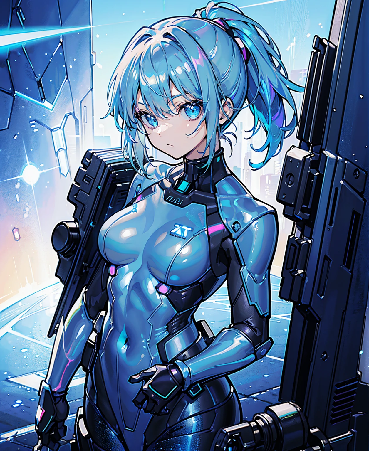 ((Holographic glow effect))、Blue Hair、Masterpiece、Best Quality、1 girl、Medium breast、((Album cover))、Light on Face、Slim Body、Blue Costume、Exoskeleton、metal Gear、Cyberpunk Style、ponytail、The Gundam pilot、attention arousal,Ride a fighter