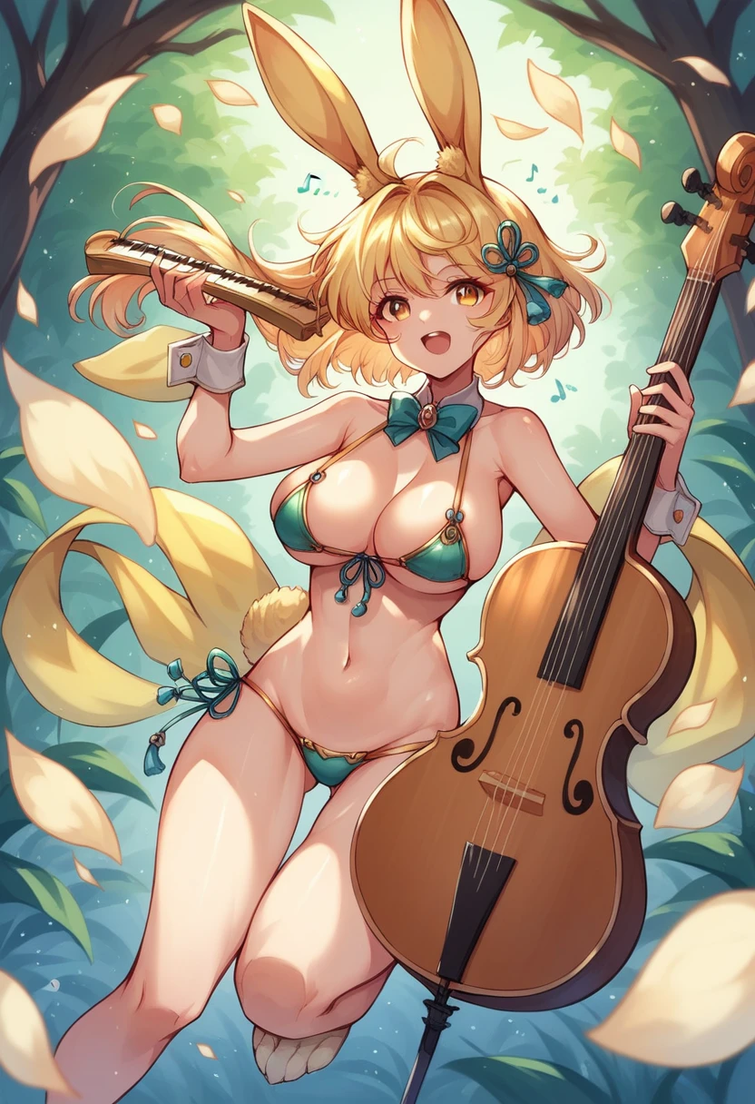 Alone rabbitfolk, fantasy race, large breasts, bard, smallest bikini, blond hair, yellow rabbit ears, yellow rabbit tail, musical instrument, rabbit legs