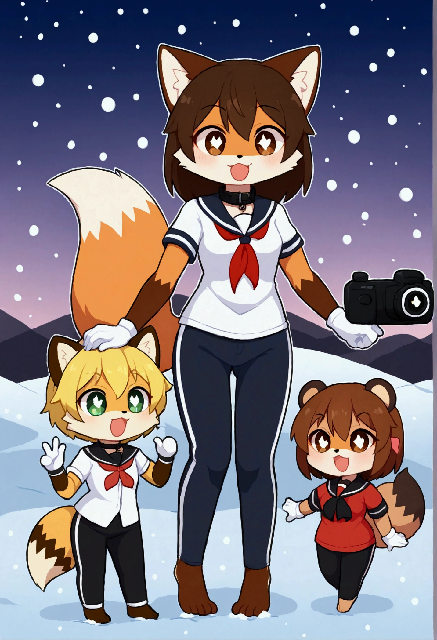 3girls, fox and tanuki, furry, bodyfur, tail, collar, sailor suit, short sleeves, jersey pants, long pants, white gloves, snow gloves, barefeet, chibi, sparkling eyes, full body, snow, camera, idol, singing, dancing, headphone, boyish