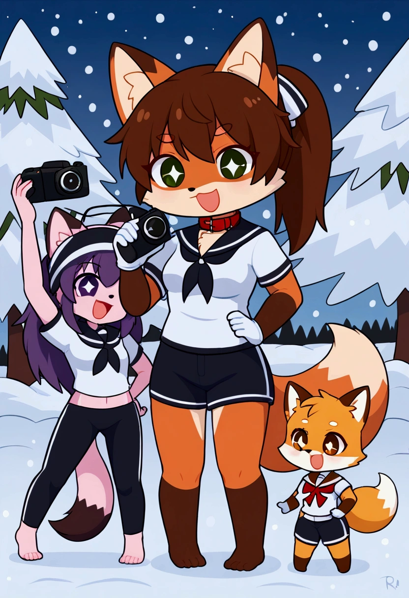 3girls, fox and tanuki, furry, bodyfur, tail, collar, sailor suit, short sleeves, jersey pants, long pants, white gloves, snow gloves, barefeet, chibi, sparkling eyes, full body, snow, camera, idol, singing, dancing, headphone, boyish