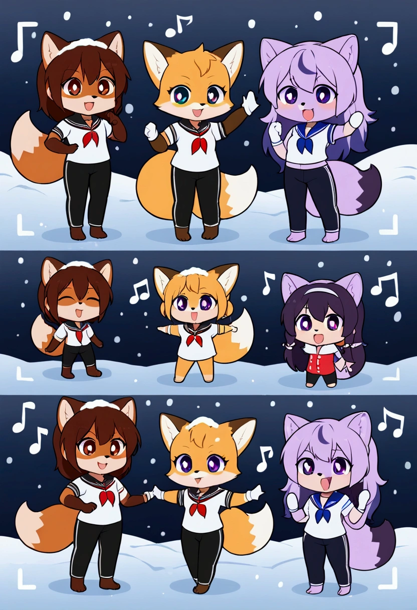 3girls, fox and tanuki, furry, bodyfur, tail, collar, sailor suit, short sleeves, jersey pants, long pants, white gloves, snow gloves, barefeet, chibi, sparkling eyes, full body, snow, camera, idol, singing, dancing, headphone, boyish