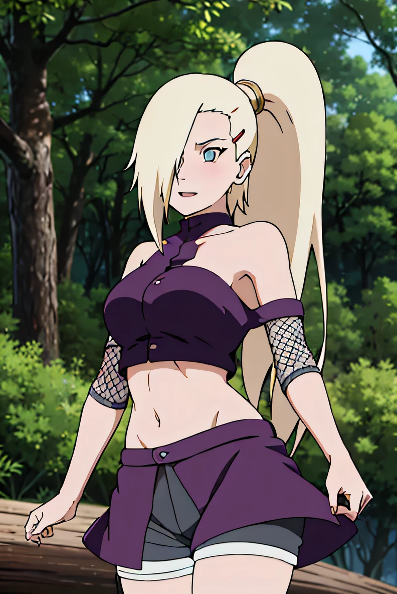 (Position yourself for the audience.), Ino Yamanaka, looking at the audience, charming, Groin, cowboy shoot, Extraordinarily detailed face,In the forest, sunny day, Daytime, upper body view, anime style, alone, House details, Blonde, ((One eye is covered with fur., Hair over the eyes)), Medium bust, Belly button, looking at the audience, (off shoulder, Broad shoulders, curved body), hidden eyes, smile, open mouth, very happy, high, Hair clips, Looks sharp, Sharp face, Sharp eyes, cool colors,Knees up,Beautiful legs,Leg kick,Fighting posture, jump,((The dress is torn.,Show off your shorts., blushing))
