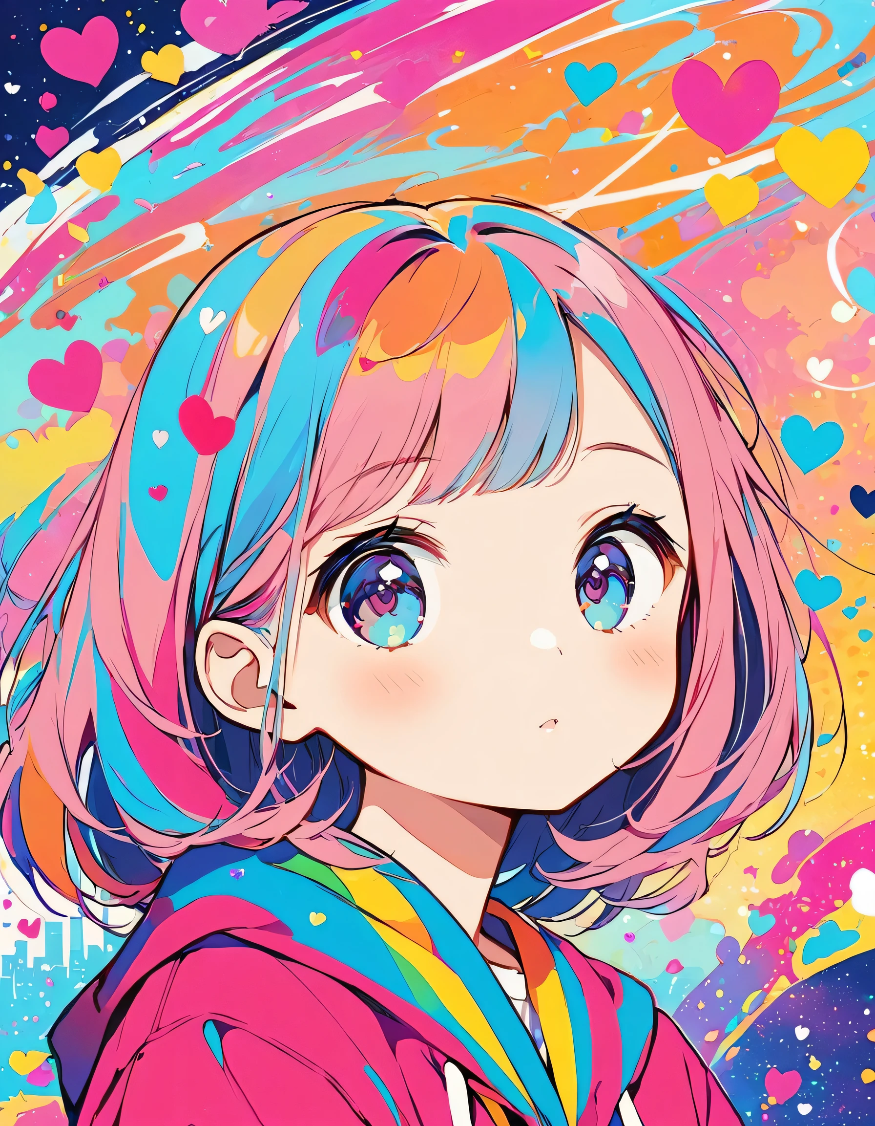 Hayao Miyazaki colorful style, Simple Line Initialism,Abstract art,Urban Background, (((The most beautiful girl of all time))), Sweet face. colorful hearts, kawaii design, The background is space