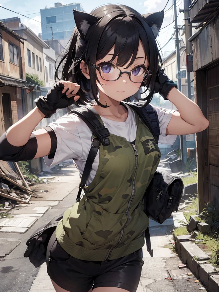 masterpiece, absurdres, best quality, extremely detailed eyes and face, natural skin texture, detailed skin, (perfect fingers, perfect hands), post-apocalypse, ruins city, collapsed buildings, dirty building, a lot of rubble, summer, sunshine,
BREAK
cute girl, glasses, (paw gloves:1.2), cat ears, cat tail, running, (military vest, camouflage), white t-shirt, short pants