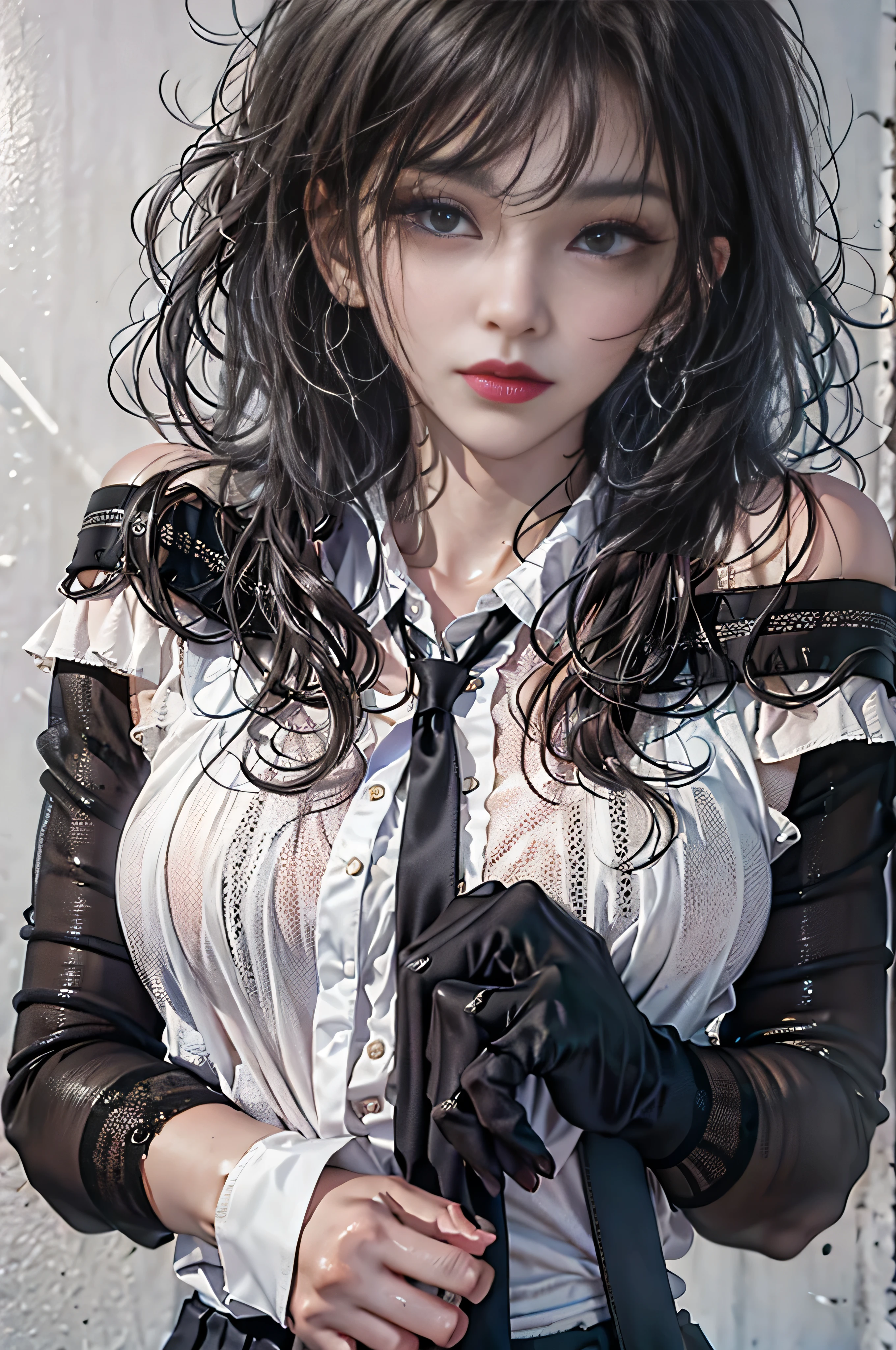 Girl portrait photography, Realistic, High resolution, 1 female, alone, Upper Body, Beautiful Eyes, Close your lips, Detailed face, Gray Hair, Long Hair,Off-the-shoulder white shirt, Black tie,Black Skirt, Pencil Skirt, stockings,(Black lace panties are visible)