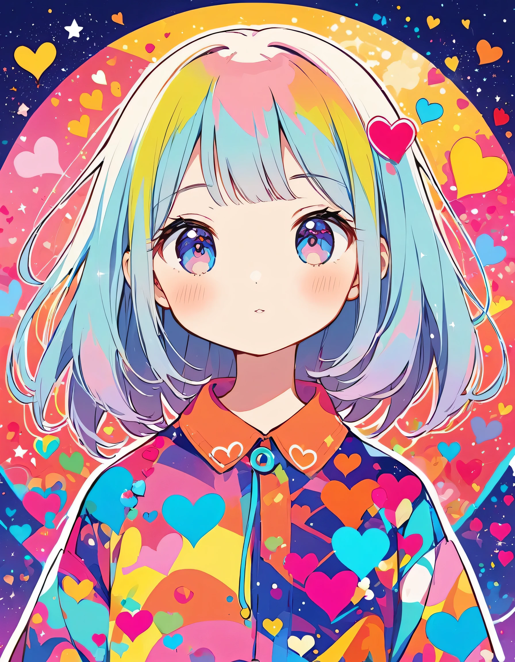 Hayao Miyazaki colorful style, Simple Line Initialism，Abstract art，Urban Background, (((The most beautiful girl of all time))), Sweet face. colorful hearts, kawaii design, The background is space