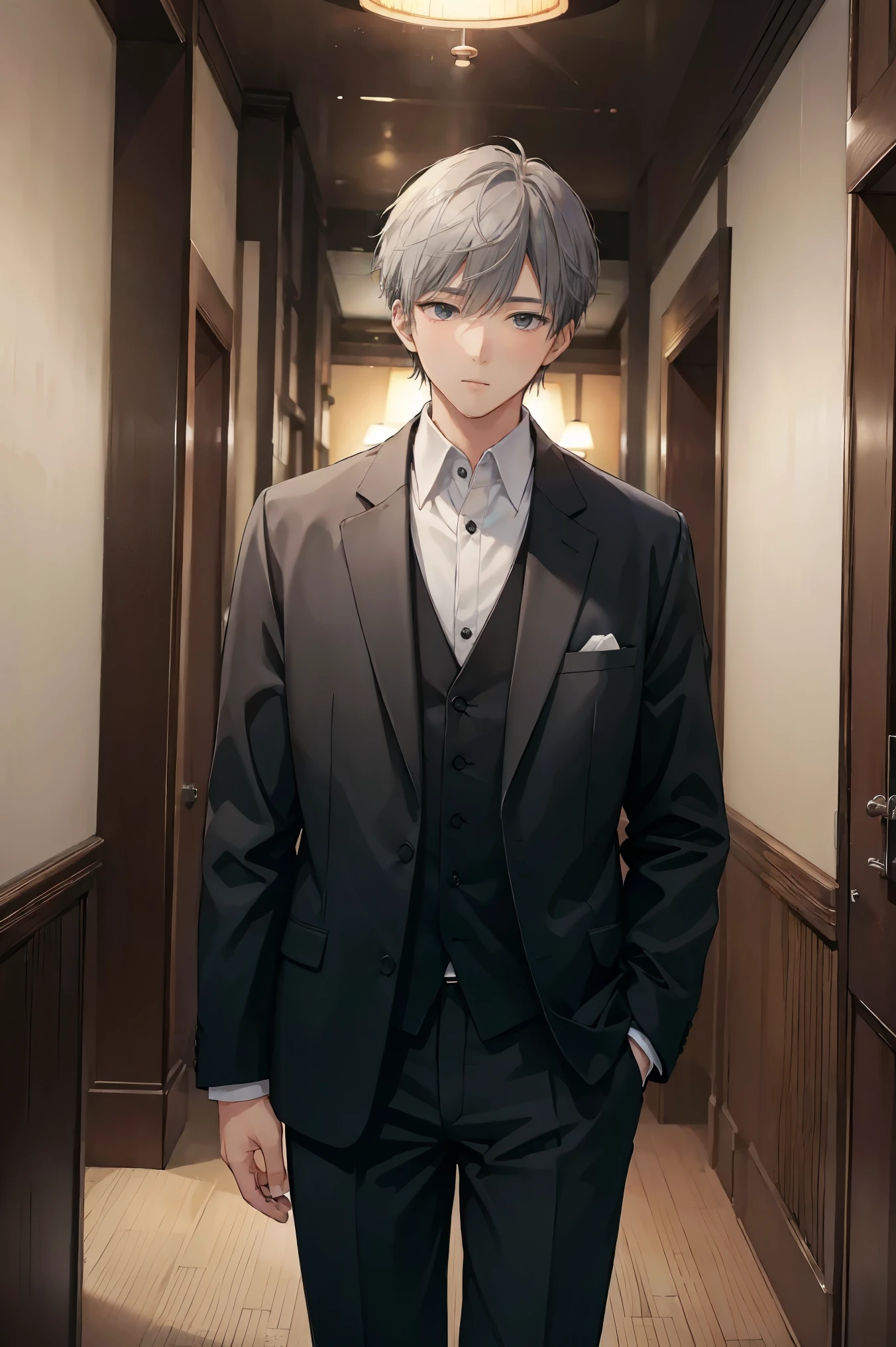 (((masterpiece、high resolution、high quality)))Japanese men、65 years old、Gray Hair、grandfather、Getting older、Black Suit、White shirt、Inside the Hotel