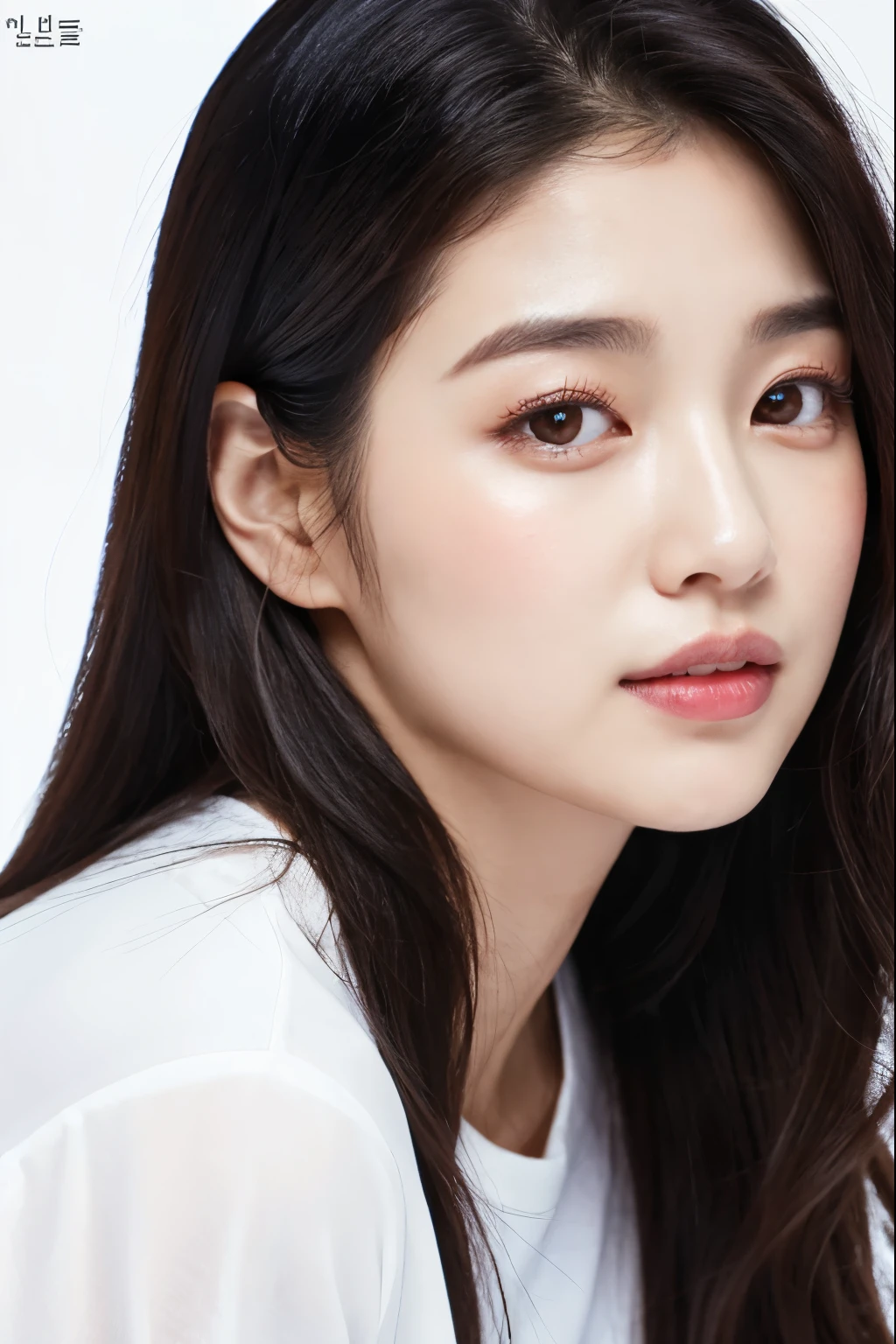 a close up of a woman wearing a white shirt with the words the get on it, portrait of female korean idol, heonhwa choe, female actress from korea, official, dressed in a white t shirt, lee ji-eun, lee ji - eun, korean idol, official product photo, park ji-min, official product image, cute korean actress