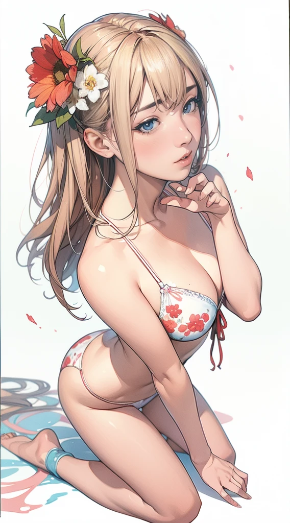 Rough watercolor sketch、Showing a highly detailed portrait of a head with flowers in hair。, とてもBeautiful Eyes, Beautiful Eyes, Perfectly centered image, White space around drawings, Focus on the face line, Dripping watercolor, Ink outline, 32K resolution, Highest quality, Like a doll,Full body portrait,Swimwear,Red Bikini,
Blushing, Blonde, You can even see the feet