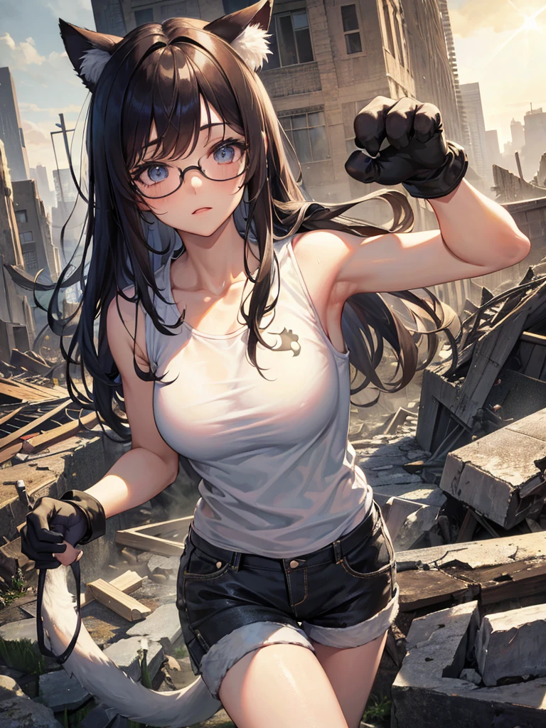 masterpiece, absurdres, best quality, extremely detailed eyes and face, natural skin texture, detailed skin, (perfect fingers, perfect hands), post-apocalypse, ruins city, collapsed buildings, dirty building, a lot of rubble, summer, sunshine, 
BREAK
cute girl, glasses, (paw gloves:1.2), cat ears, cat tail, running, (military vest, camouflage), white t-shirt, short pants