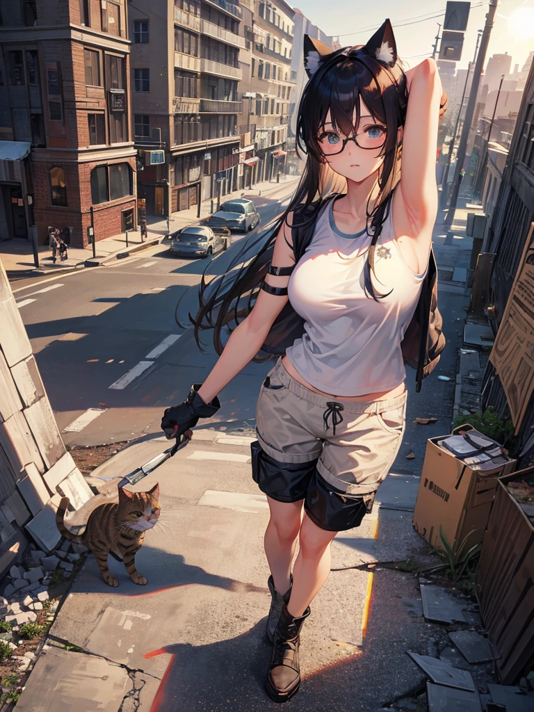 masterpiece, absurdres, best quality, extremely detailed eyes and face, natural skin texture, detailed skin, (perfect fingers, perfect hands), post-apocalypse, ruins city, collapsed buildings, dirty building, a lot of rubble, summer, sunshine,
BREAK
cute girl, glasses, (paw gloves:1.2), cat ears, cat tail, running, (military vest, camouflage), white t-shirt, short pants