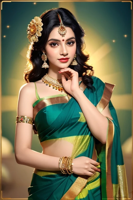 Goddess, very beautiful, animated style, closeup shot, anime in a (((combination indian traditional saree))) (((saree))) (((blouse))), long black wavy hair untied, head jewellery, head clips, head chains, head tiara, necklace, long and beautiful earings, armlets, bangles and bracelets, rings, pleasant expression, bright eyes, holding a flower, natural beauty, vibrant colors, dreamy, northern light,teal and gold colour, romantic, soft lighting, vintage aesthetic