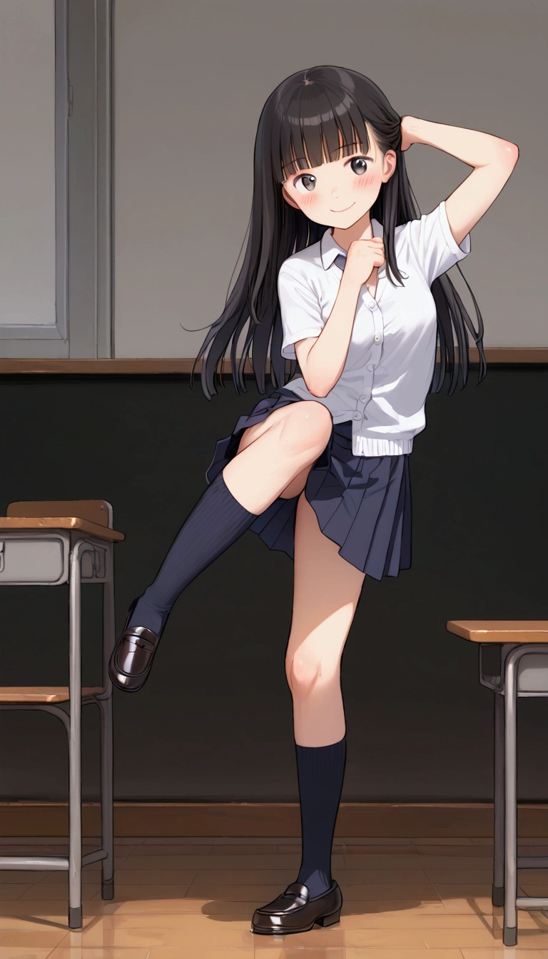 {Highest quality}, {Super beautiful},{Ultra fine},{Best illustration},Black Hair,Hime cut,long hair,One woman,Standing Woman,Strike a pose,smile,smilingly,cardigan,White Shirt,Short sleeve,Navy Skirt,Black knee-high socks,Black Loafers,Inside the school building,Blushing,Slender,barefoot,Stand with your legs together,from the front,Raise one leg