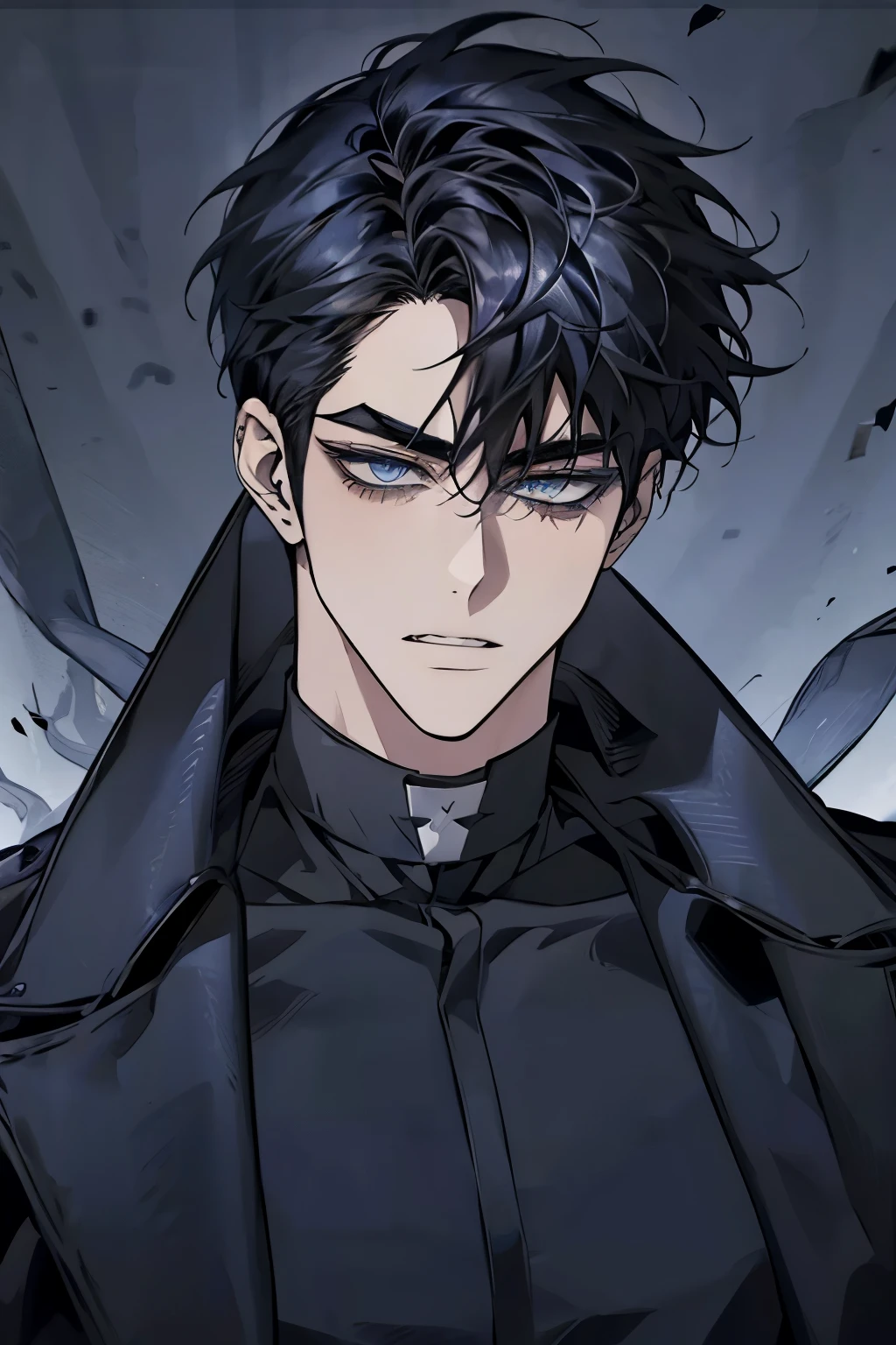 Manhwa Arte Europeo, close-up 25-year-old male, Messy headboard hair, Jet black hair, piercing eyes, bushy eyebrows, Wear a suit, blue eyes, pointy ears, fangs, smirks, threatening, sensuous, sensuous, Sharp chin, penetrating gaze, Cold and mysterious character, 8k, detailed features, Very beauthful, manhwa
