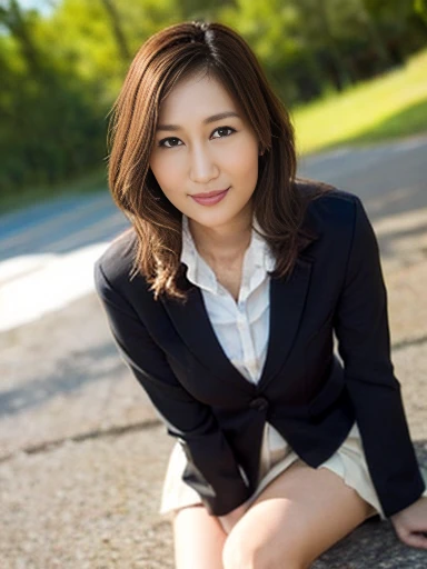 (8k、RAW Photos、highest quality、masterpiece:1.2)、(Realistic、Realistic)、1 girl、((large size black suit、red tie、rub my chest、Wide Stride、Leg spread、Touching as if groping the breasts、Wide Stride、Leg spread、smile、sexy、I can see your chest、View from the front、Stand with hands on hips、In the city))、