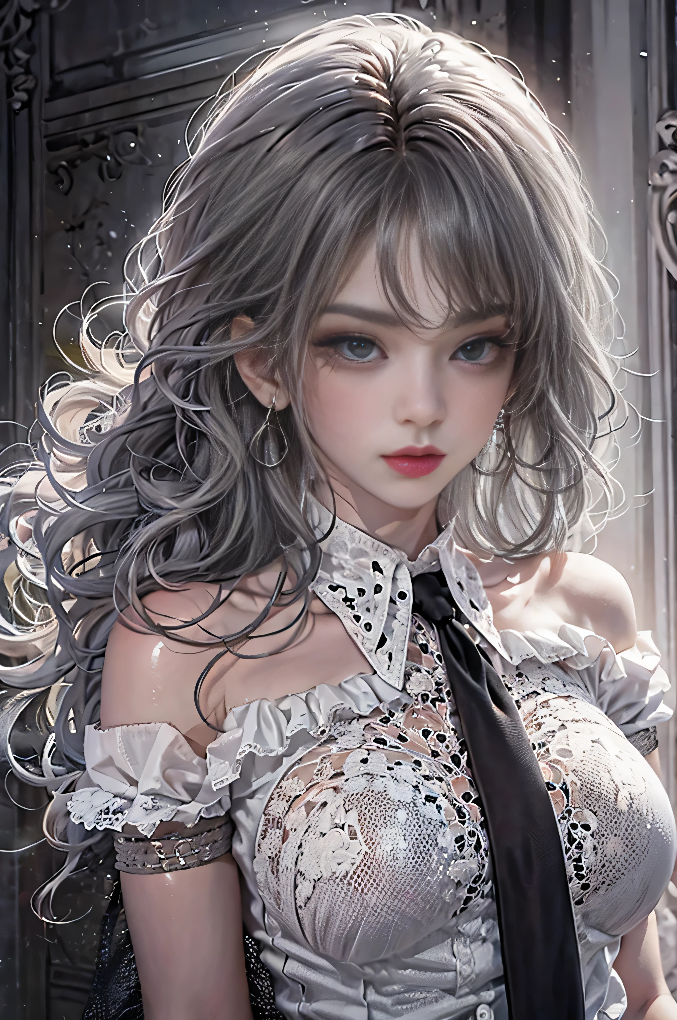 Girl portrait photography, Realistic, High resolution, 1 female, alone, Upper Body, Beautiful Eyes, Close your lips, Detailed face, Gray Hair, Long Hair,Off-the-shoulder white shirt, Black tie,Black Skirt, Pencil Skirt, stockings,(Black lace panties are visible)