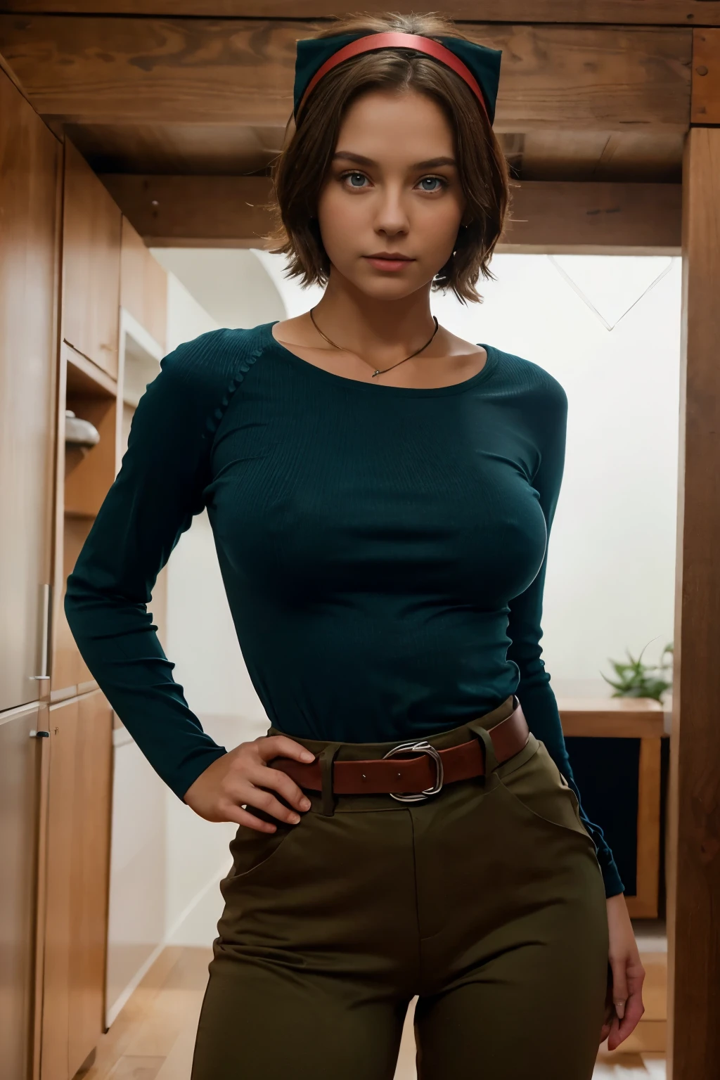 Cute girl, short brown hair, red headband covering the forehead, blue eyes, tight dark blue long-sleeved T-shirt, brown shoulder belt, big breasts, metal hand, brown belt, tight green pants