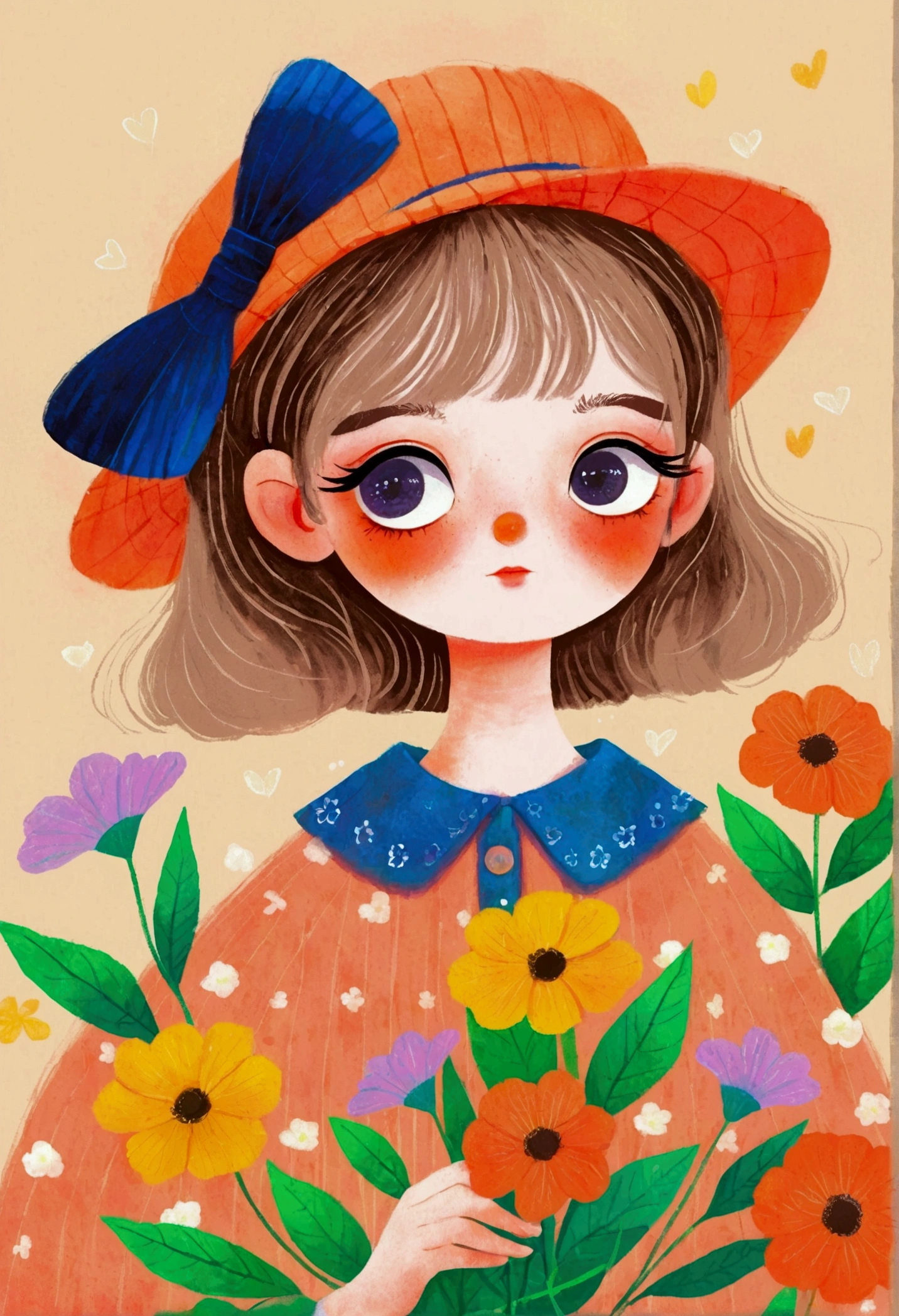 Illustration of a holding flowers, big eyes,Berets,The art of math ,Hot trends, The art of math, 采用数码Illustration style, The art of math. The art of math illustration,Cute illustrations, The breath of spring, Illustration Art, Illustration style, Drawn in a whimsical style