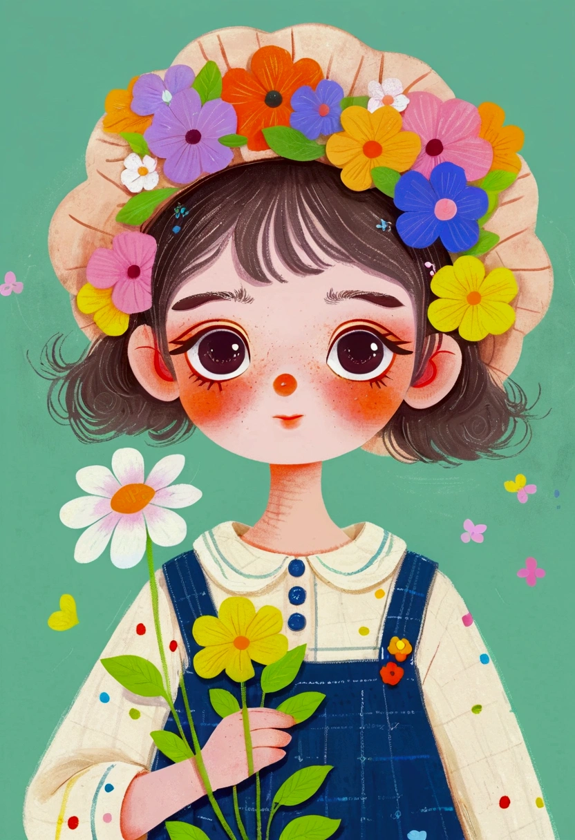 Illustration of a little girl holding flowers, big eyes，Berets，The art of math ，Hot trends, The art of math, 采用数码Illustration style, The art of math. The art of math illustration,Cute illustrations, The breath of spring, Illustration Art, Illustration style, Drawn in a whimsical style
