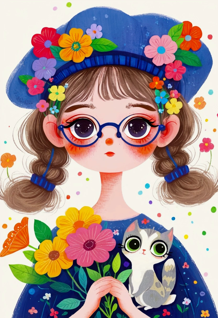 Illustration of a little girl holding flowers, big eyes,Berets,The art of math ,Hot trends, The art of math, 采用数码Illustration style, The art of math. The art of math illustration,Cute illustrations, The breath of spring, Illustration Art, Illustration style, Drawn in a whimsical style