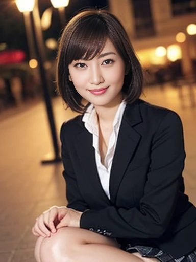 (masterpiece:1.2、Highest quality)、(Genuine、Realistic:1.4)、Beautiful illustrations、(Natural Side Lighting、Cinema Lighting)、Observe your audience、Cowboy Shot、Front view、1 girl、Japanese、high school girl、Perfect Face、Cute and symmetrical face、Glowing Skin、(short hair:1.2、Bobcut:1.2、Brown Hair)、sleek bangs、Dark brown eyes、Long eyelashes、(Large Breasts:0.6、Captivating thighs)、Beautiful Hair、Beautiful Face、Beautiful and detailed、Beautiful clavicle、Beautiful body、Beautiful breasts、Beautiful thighs、Beautiful feet、Beautiful fingers、(((Black blazer、Tight blazer)、White collared shirt with long sleeves、Black pleated skirt、Black socks))、(Beautiful Landscape)、evening、street、Are standing、(Adorable smile、look up)、