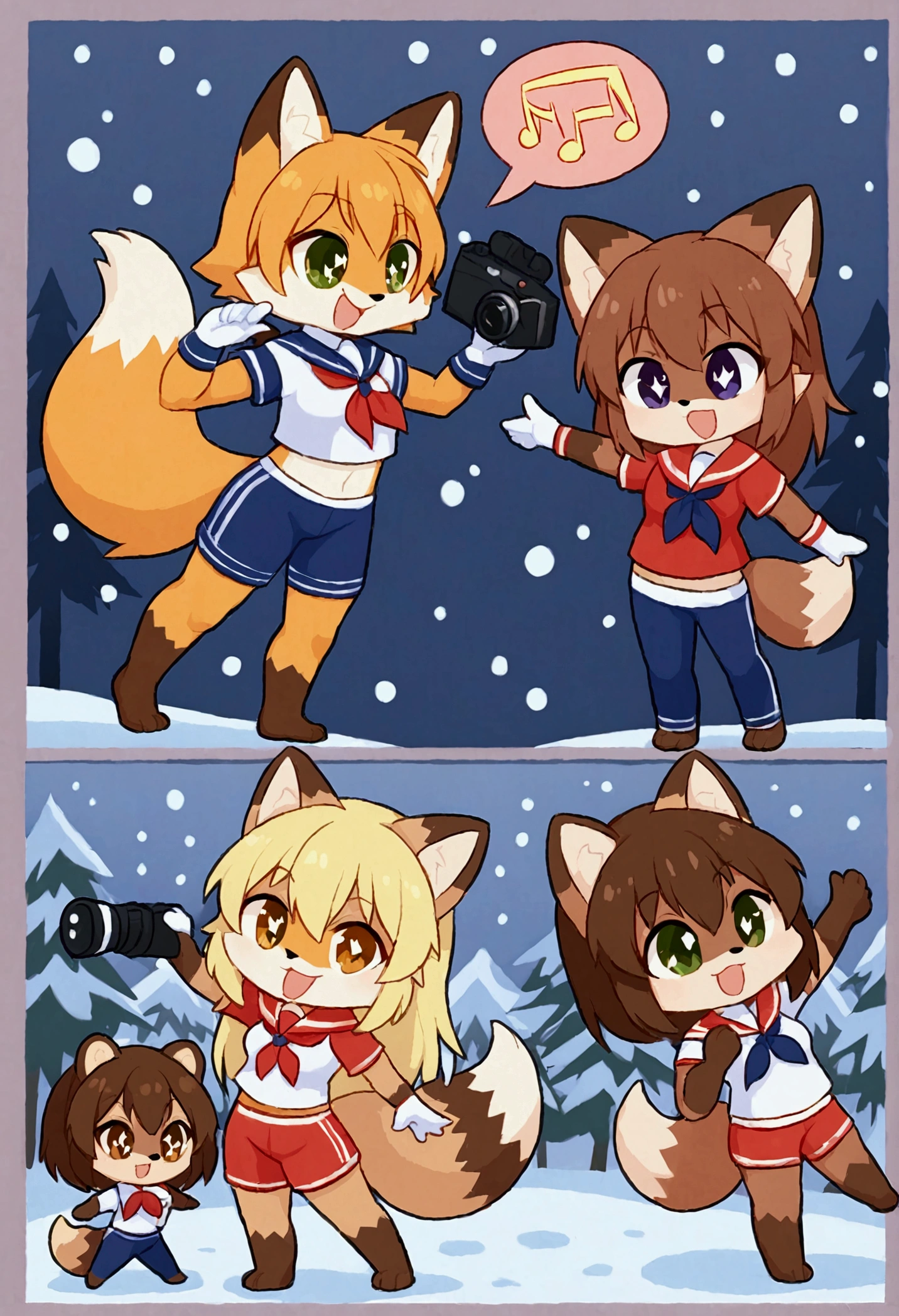 3girls, fox and tanuki, furry, bodyfur, tail, sailor suit, short sleeves, jersey pants, long pants, white gloves, snow gloves, barefeet, chibi, sparkling eyes, full body, snow, camera, idol, singing, dancing, headphone, boyish