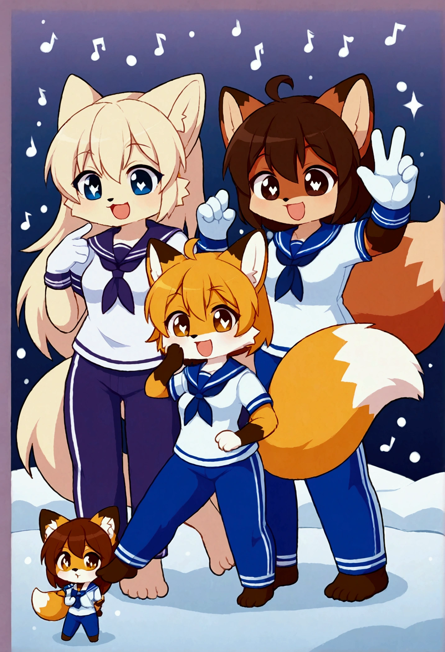 3girls, fox and tanuki, furry, bodyfur, tail, sailor suit, short sleeves, jersey pants, long pants, white gloves, snow gloves, barefeet, chibi, sparkling eyes, full body, snow, camera, idol, singing, dancing, headphone, boyish