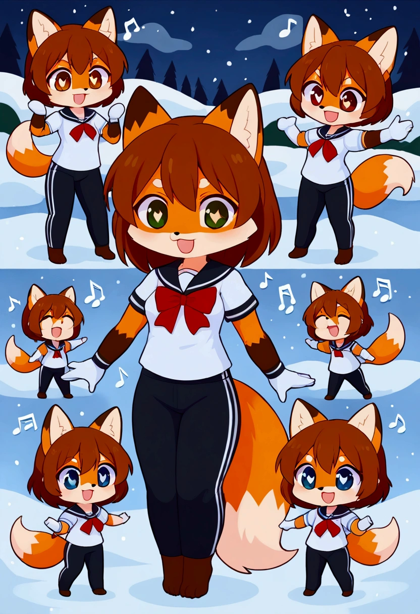 3girls, fox and tanuki, furry, bodyfur, tail, sailor suit, short sleeves, jersey pants, long pants, white gloves, snow gloves, barefeet, chibi, sparkling eyes, full body, snow, camera, idol, singing, dancing, headphone, boyish