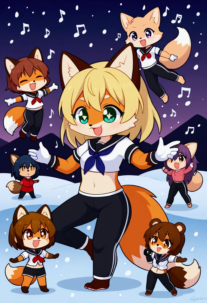 3girls, fox and tanuki, furry, bodyfur, tail, sailor suit, short sleeves, jersey pants, long pants, white gloves, snow gloves, barefeet, chibi, sparkling eyes, full body, snow, camera, idol, singing, dancing, headphone, boyish