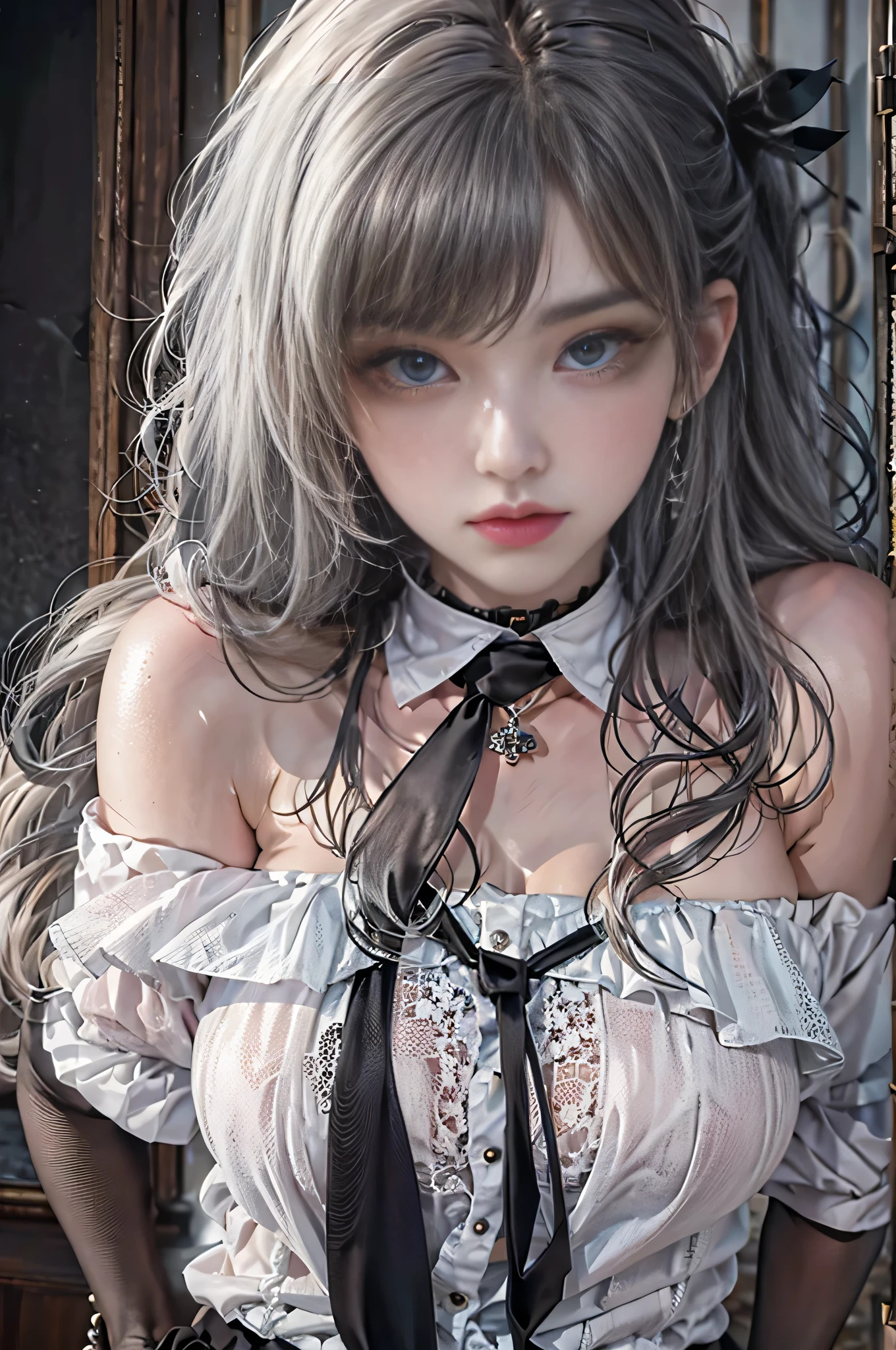 Girl portrait photography, Realistic, High resolution, 1 female, alone, Upper Body, Beautiful Eyes, Close your lips, Detailed face, Gray Hair, Long Hair,Off-the-shoulder white shirt, Black tie,Black Skirt, Pencil Skirt, stockings,(Black lace panties are visible)