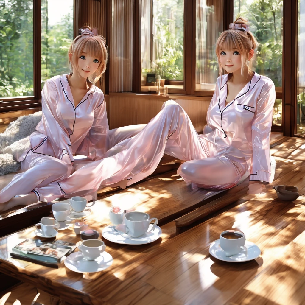 Sur un grand lit, sensual anime girl, position demi-assise, pyjama transparent, épaule dénudée, magnifique fille avec un plateau contenant une jolie tasse de café en verre et un croissant sur ses genous, en arrière-plan une fenêtre ouverte donnant sur une forêt en montagne