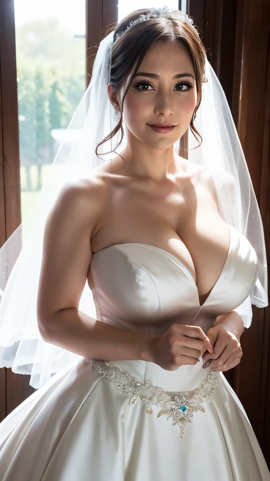 1 girl,30 years old, Wedding dress,large Chest, Young women,Fair Finger,Fair long legs,Fair Body,Fair Nose,Fair character design, Perfect eyes, perfect Face,expressive eyes, looking at the audience,(leading_Body),(Focus on her Face), Official Art,Extremely detailed CG unity 8k wallpaper, Perfect Lighting,rich and Farbeful, bright_front_Face_Light,Light skin, (masterpiece:1.0),(the best_quality:1.0), Ultra-high resolution,4K,Super detailed, photography, 8k, HDR, high resolution, absurdes:1.2, Kodak Portrait 400, Film Grain, Blurred background, bokeh:1.2, Lens Light Halo, (Full of energy_Farbe:1.2) (Fair,Big goals_Chest:1.4), (Fair_Face:1.5),(narrow_waist),Wedding dress, Wedding dress, bride,bride, veil, smile, happy, gigantic breasts:1.3, curvy body, mammasize,