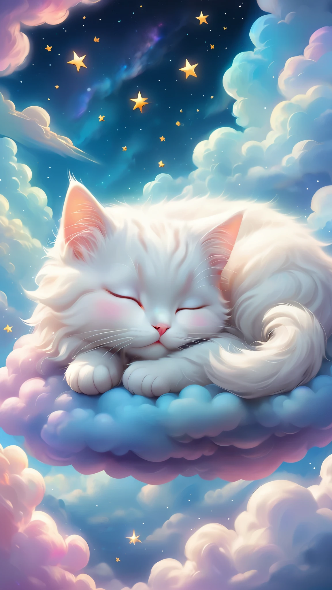 There is a white cat sleeping on a cloud with stars in the background, Dream animal cute eyes, Adorable digital painting, Beeple and Jeremiah Kettner, Cute and intricate digital art, Cute digital art, Lisa Frank, Lying in the fairyland of white clouds, Sweet dreams, A dreamlike night, Dreamy Art, Cute artwork, Dreamy scene, Fluffy and full of light, Dreamy illustration