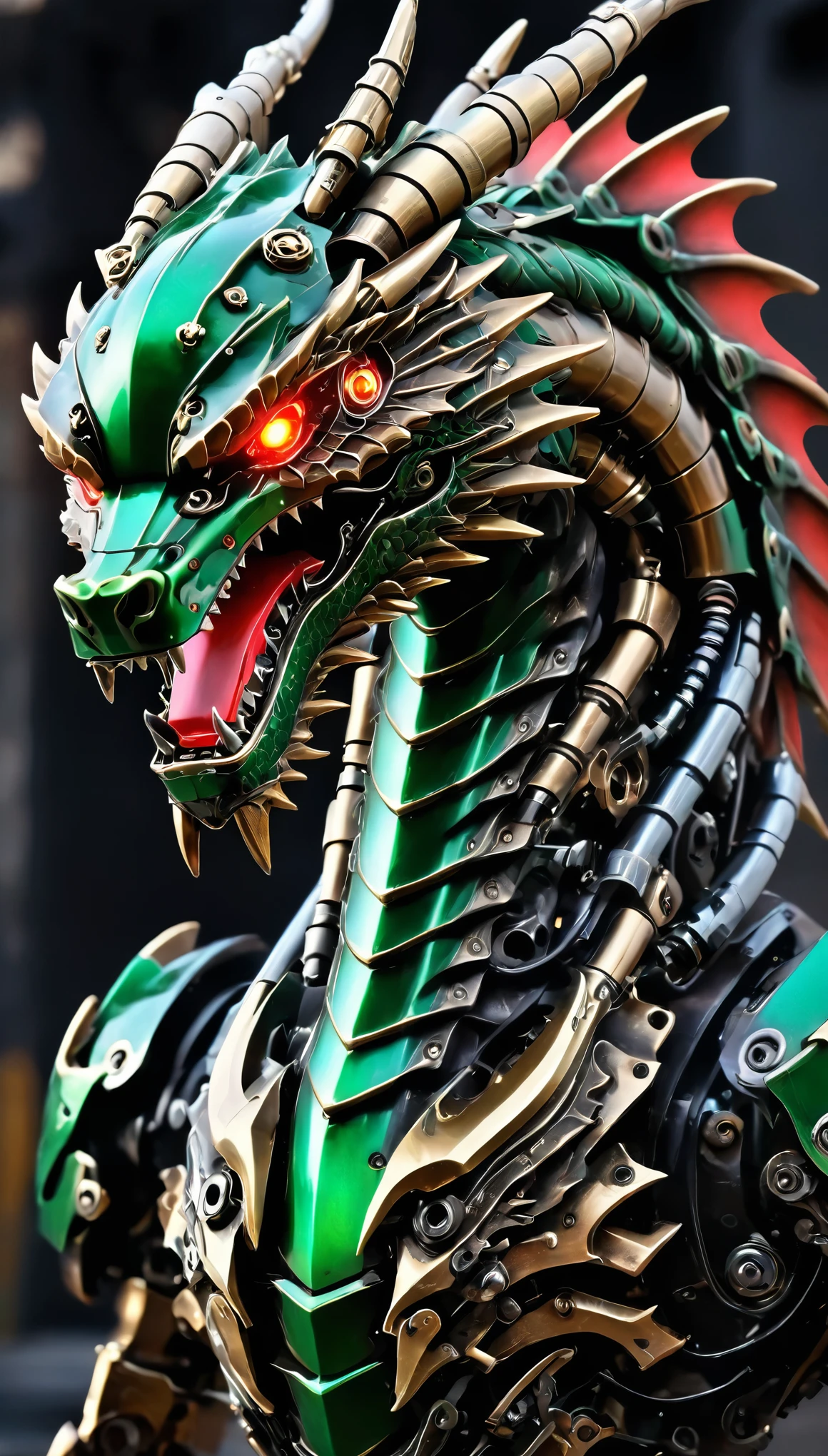 Mechanical Creatures, ((Mechanical Dragon God:1.2, Dragon Body)), Very detailedな, Detailed Mechanism, Smooth range of motion, Exposed mechanical joints, metal texture, Green body, Metal exterior parts, Firearms mounted on the side of the body, Equipped with heavy weapons, Shining Body, Scaly armor parts, Sharp claws, Red glowing eyes, cyber punk, City:1.2, Nocturnal operations, Background Blur:1.4, Surreal, Dramatic lighting, Science fiction, Cinematic composition, (Highest quality:1.2, Very detailed, Attention to detail, digital coloring, High Contrast, masterpiece:1.2, Highest quality, Best aesthetics),