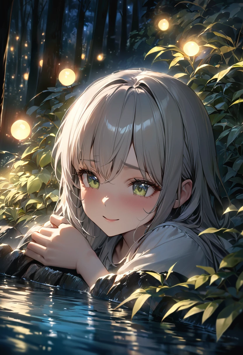 (Masterpiece, best quality, Sharp focus, depth of field, best shadow, perfect fire, HDR, Realistic skin texture, The background is too detailed.), 1 woman, big breasts, platinum colored hair, Wear a long, thin white dress., relaxed face, Wear a white blindfold, Close your eyes., A charming little smile, Wear a Newsboy Cap,The background is a realistic forest., There are bushes., There are streams., There are fireflies, at night, Light from the moon shines on the surface of the water..