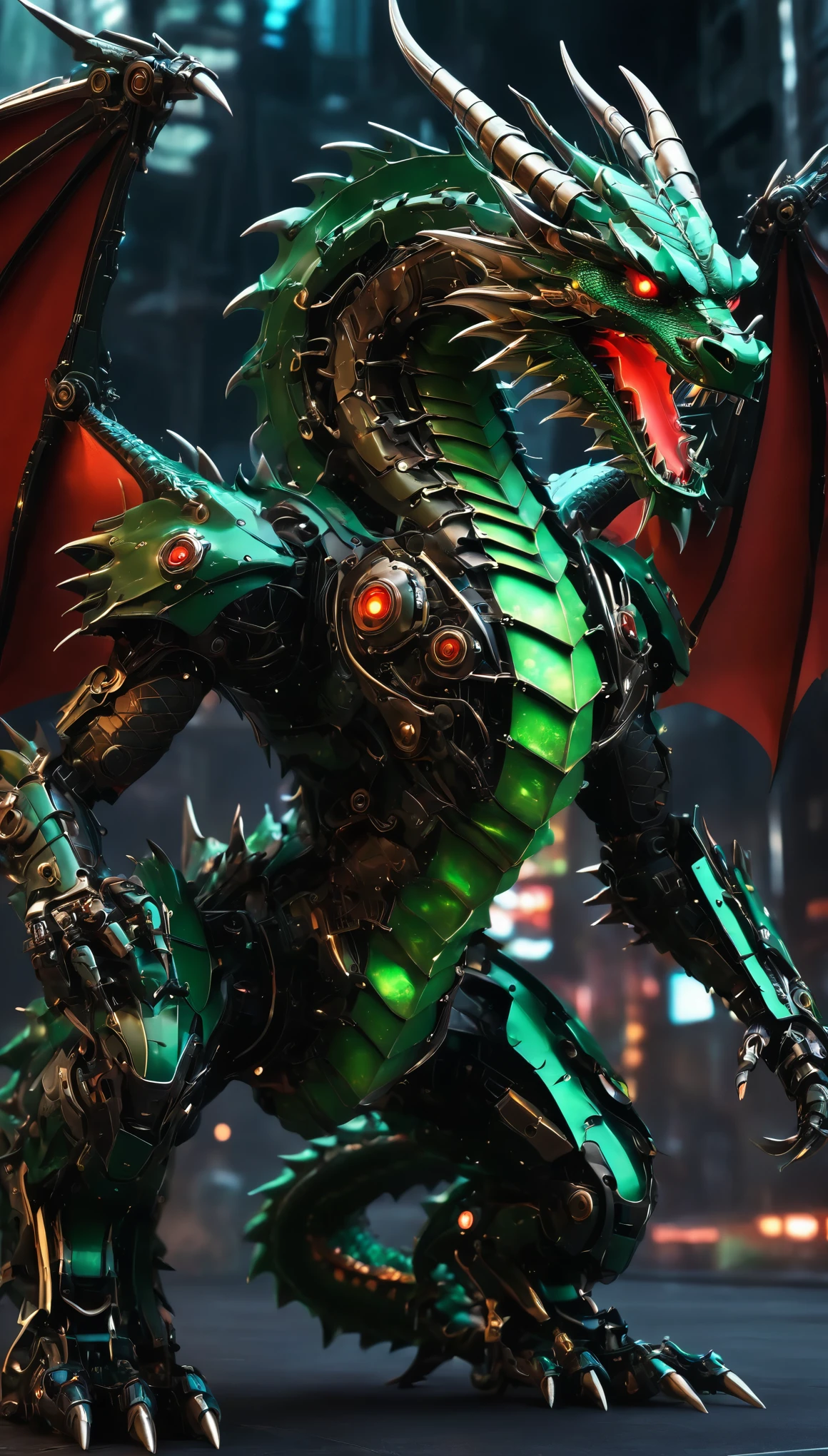 Mechanical Creatures, ((Mechanical Dragon God:1.2, Dragon Body)), Very detailedな, Detailed Mechanism, Smooth range of motion, Exposed mechanical joints, metal texture, Green body, Metal exterior parts, Firearms mounted on the side of the body, Equipped with heavy weapons, Shining Body, Scaly armor parts, Sharp claws, Red glowing eyes, cyber punk, City:1.2, Nocturnal operations, Background Blur:1.4, Surreal, Dramatic lighting, Science fiction, Cinematic composition, (Highest quality:1.2, Very detailed, Attention to detail, digital coloring, High Contrast, masterpiece:1.2, Highest quality, Best aesthetics),