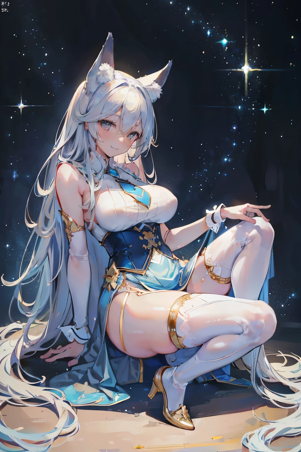 (masterpiece, Highest quality:1.3), (超detailed:1.2), (hyperRealistic:1.3), (RAW Photos:1.2), High-definition RAW color photos, Professional photos, (PhotoRealistic:1.4), (Realistic:1.4), Professional Lighting, Perfect Anatomy, (Big Breasts:1.1), (blush, detailedな顔), (smile:1.5), Flat lighting,elevation,sexy,A beautiful woman with supple curves,((Highest quality)), ((masterpiece)), (detailed),sexy,A beautiful woman with supple curves,((Highest quality)), ((masterpiece)), (detailed), One girl,Silver Hair,Long Hair,Dark Skin,Wearing a light blue sleeveless dress,Wear light blue high heels,Spread your legs,Crouching pose,sit,Starry Sky,cloud,20Old woman,Look away,Light blue garter belt on leg,Wearing lace light blue knee-high socks,Fox ears