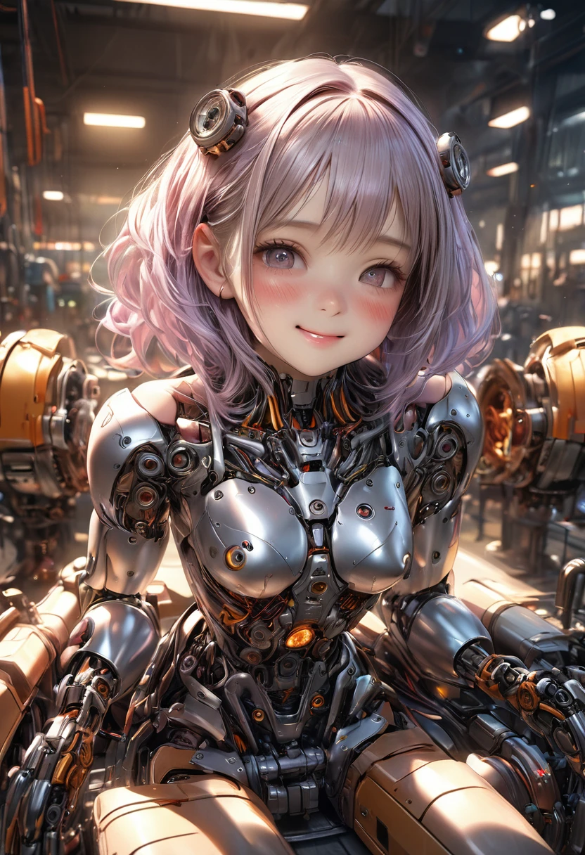 a cute female mechanical life form girl, blushed cheeks, embarrassed expression, Cute and coquettish smile, in a production factory, The body is under maintenance:1.2, mechanical parts, mechanical eye:1.3, chrome metal body, living hearts, highly detailed, (best quality,4k,8k,highres,masterpiece:1.2),ultra-detailed,(realistic,photorealistic,photo-realistic:1.37),HDR,UHD,studio lighting,ultra-fine painting,sharp focus,physically-based rendering,extreme detail description,professional,vivid colors,bokeh,concept art,sci-fi,steel,gears,wires,android,cyborg,machinery,industrial