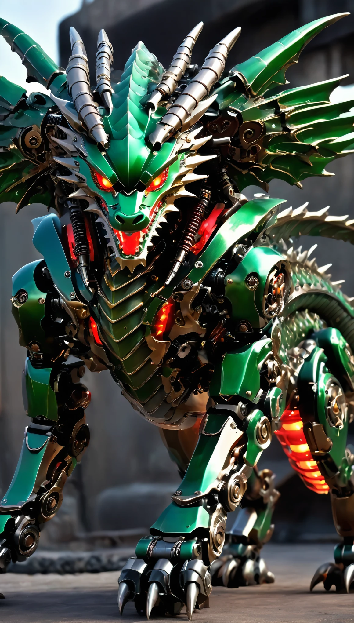 Mechanical Creatures, ((Mechanical Dragon God:1.2, Dragon Body)), Very detailedな, Detailed Mechanism, Smooth range of motion, Exposed mechanical joints, metal texture, Green body, Metal exterior parts, Firearms mounted on the side of the body, Equipped with heavy weapons, Shining Body, Scaly armor parts, Sharp claws, Red glowing eyes, cyber punk, City:1.2, Nocturnal operations, Background Blur:1.4, Surreal, Dramatic lighting, Science fiction, Cinematic composition, (Highest quality:1.2, Very detailed, Attention to detail, digital coloring, High Contrast, masterpiece:1.2, Highest quality, Best aesthetics),