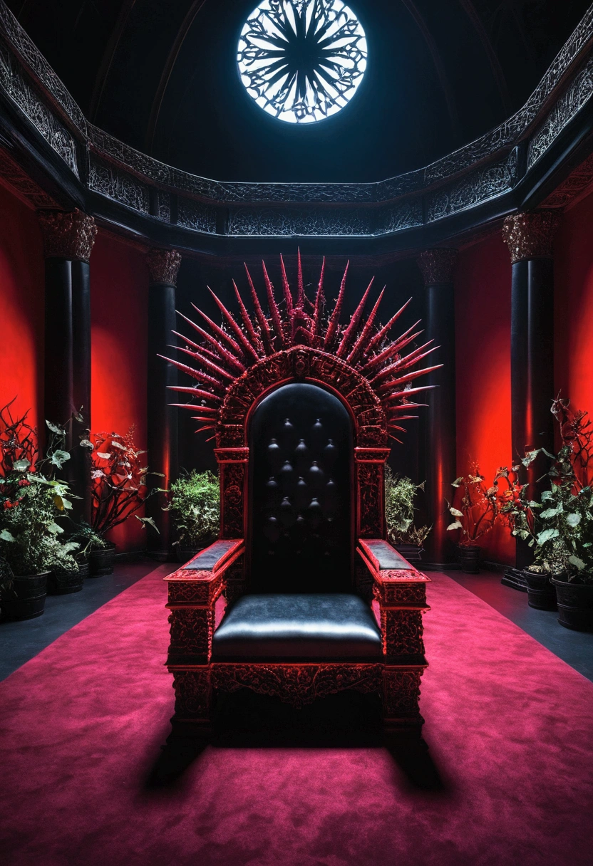 Royal Hall, a throne, Thorny plants, black light, empty room, Dark Composition, Black and Red Throne, Thorny plants around the throne, Open space, showing the entire scope of the place