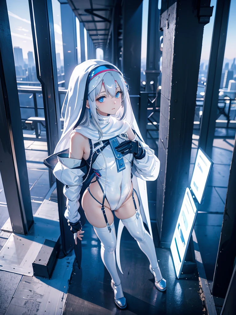 best quality. 4k. 8k. a cute girl. Silver hair. Long hair. nun. magical girl. (white clothes). (white leotard). cyberpunk. urban. cityscape. blue neon. looking at viewer. standing. (looking up)