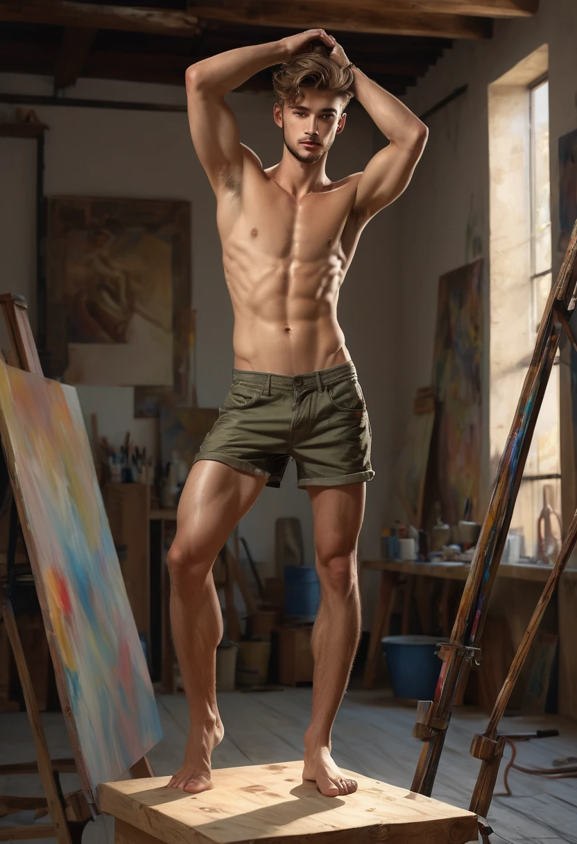 ((1 man standing on a wood pedestal hands behind his head shitless, pantless, barefoot, slightly smile in painting workshop ))

fullbody

seductive boby lenguaje, sexy look, masculine, lusty, provocative, sexual

in roberto ferri art style, a 20 years old, fullbody, day light, divine proportions, masculine gaze, handsome, realisitic skinny detailed muscles, 

master piece, artstation trending, ultra hd, realistic, vivid colors, highly detailed, UHD drawing, pen and ink, perfect composition, beautiful detailed intricate insanely detailed octane render trending on artstation, 8k artistic photography, photorealistic concept art, soft natural volumetric cinematic perfect light

he is modeling for painters, 