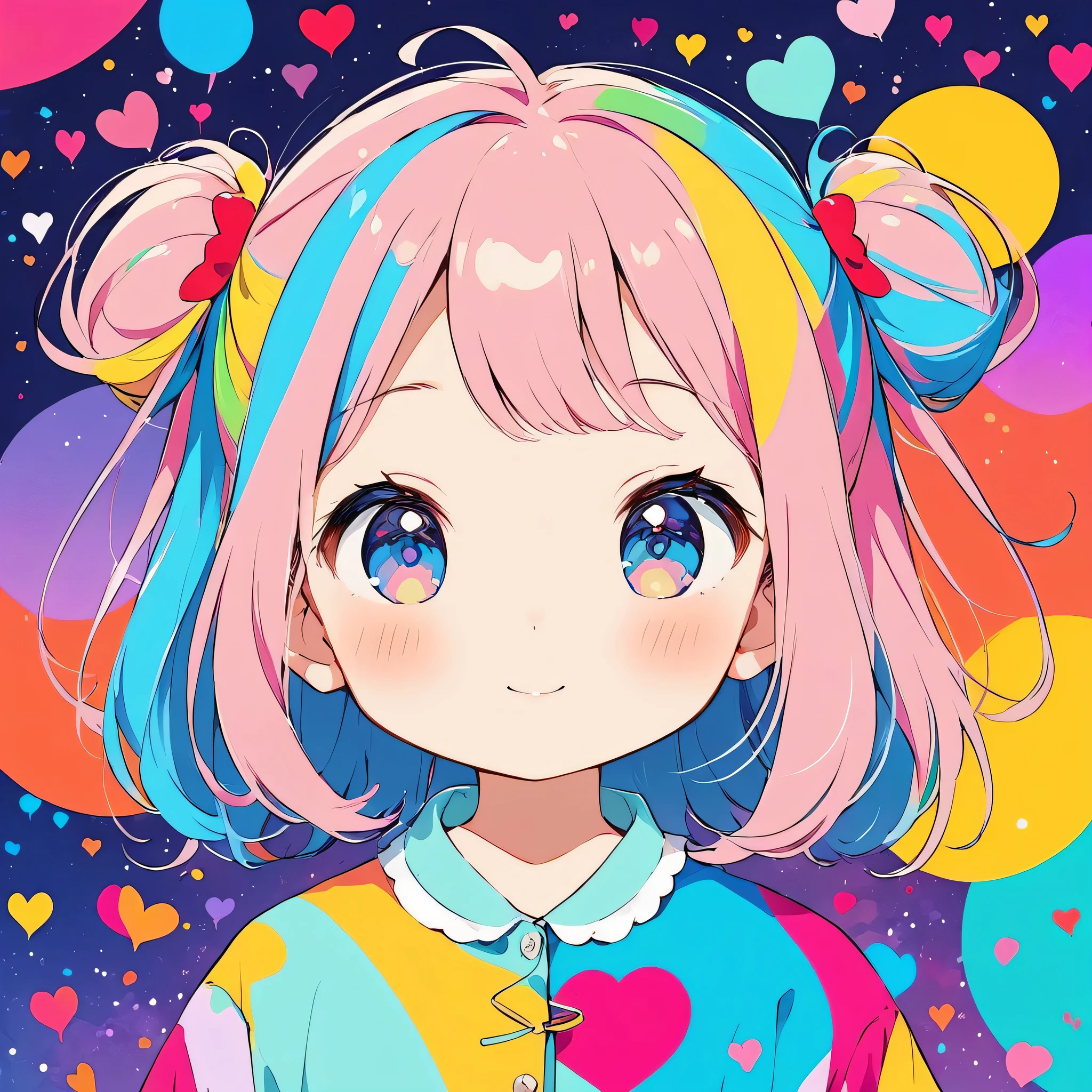 Hayao Miyazaki colorful style, Simple Line Initialism,Abstract art,Urban Background, (((The most beautiful girl of all time))), Sweet face. colorful hearts, kawaii design, The background is space