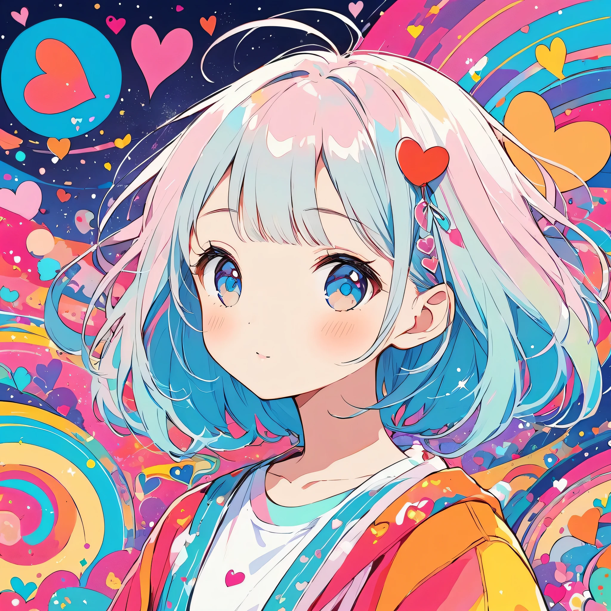 Hayao Miyazaki colorful style, Simple Line Initialism,Abstract art,Urban Background, (((The most beautiful girl of all time))), Sweet face. colorful hearts, kawaii design, The background is space