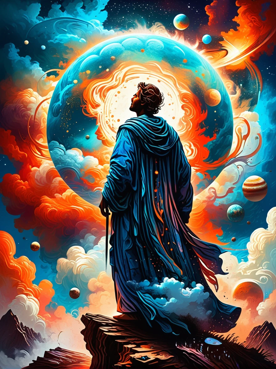 Create a woodcut style image digital art surreal art that depicts a mystical figure with divine characteristics, the figure is one chosen by the gods of spirituality,the figure is shrouded in clouds looking at the planets and ancestral signs,figure has a crowd of people around him who look at him with surprise and admiration,quantum art spread across the image,Use a vibrant color palette, including blue, oranges and whites, to create heavenly contrast and a stunning visual effect