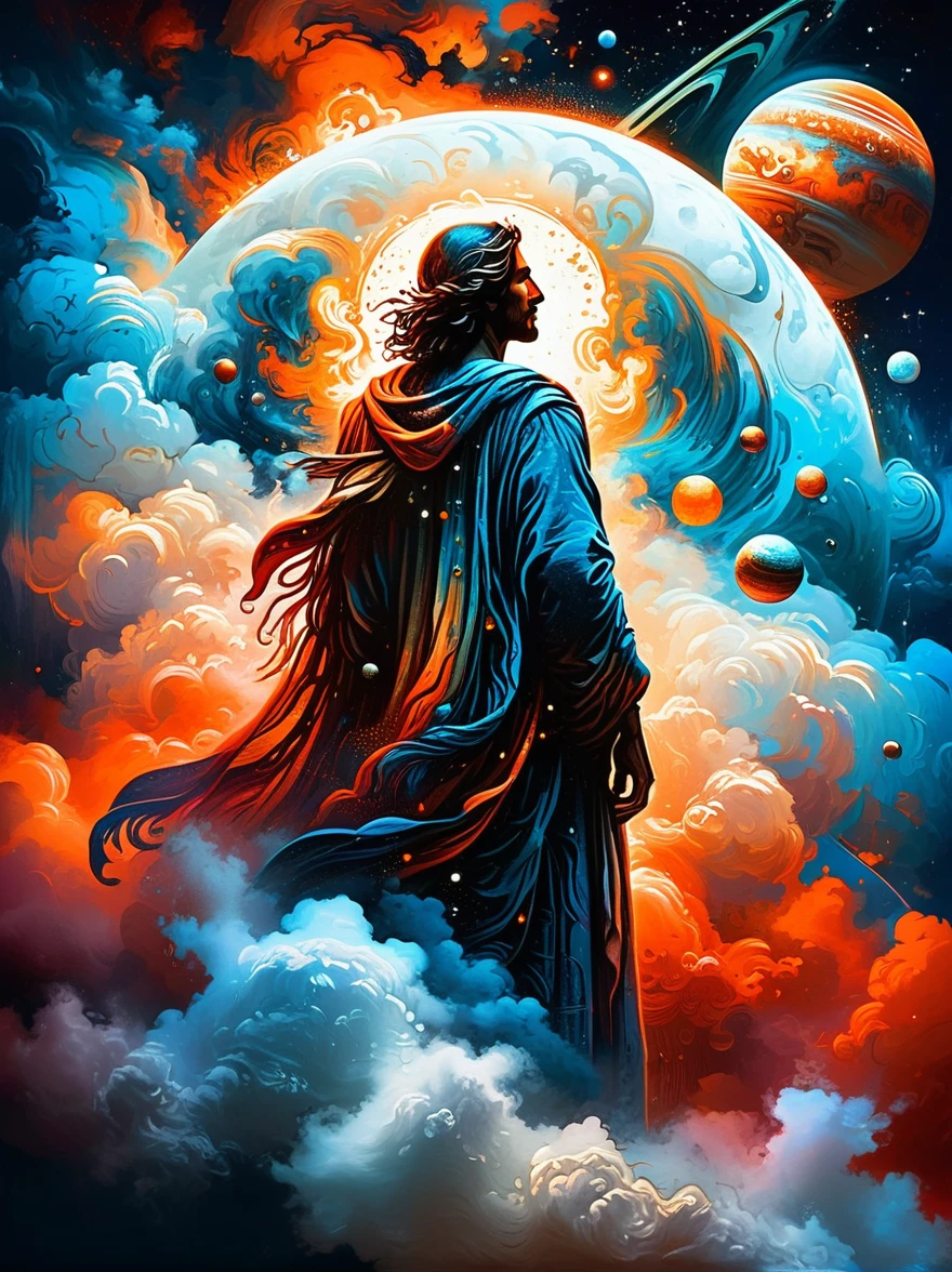 Create a woodcut style image digital art surreal art that depicts a mystical figure with divine characteristics, the figure is one chosen by the gods of spirituality,the figure is shrouded in clouds looking at the planets and ancestral signs,figure has a crowd of people around him who look at him with surprise and admiration,quantum art spread across the image,Use a vibrant color palette, including blue, oranges and whites, to create heavenly contrast and a stunning visual effect