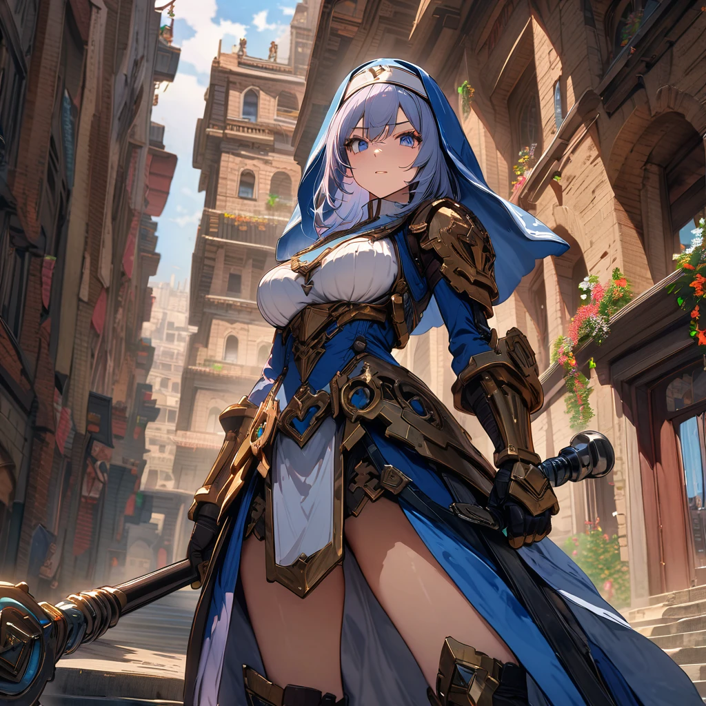 The intense power, the action scenes, the muscular mechanical nun swinging her fists, the ruins, the background, the detailed background, the detailed depiction, 4K, UHD, absurd, super high quality, a masterpiece,