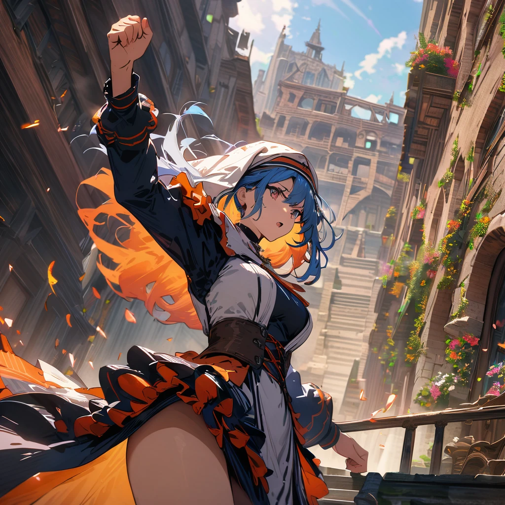 The intense power, the action scenes, the muscular mechanical nun swinging her fists, the ruins, the background, the detailed background, the detailed depiction, 4K, UHD, absurd, super high quality, a masterpiece,