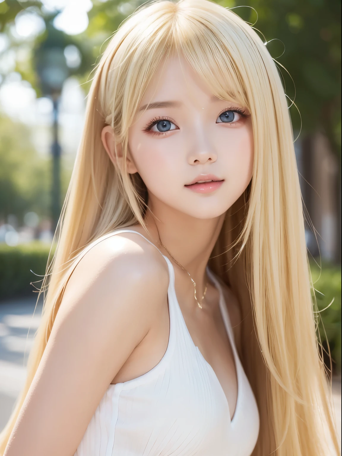 ((Sexy blonde hair and shiny hair are dazzling.))、Adorable little beautiful face of a 15 year old、bright 표정、pretty face、Long shiny bangs dancing in front of your cute face between your eyes、Hair that covers the face、(Very beautiful super long straight soft hair),sexy cute young woman、bright, Large sparkling pale ice-white eyes、small face beauty、round face、White and beautiful skin、shiny skin、teak gloss、gloss face、young face、ta face