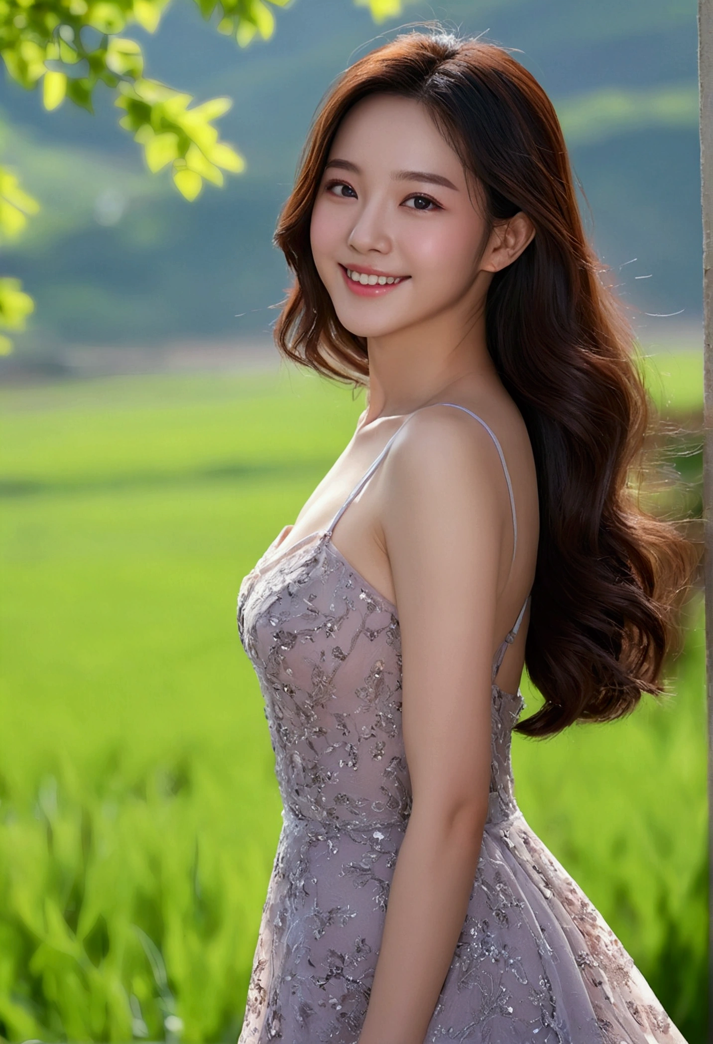 seed:2020674263.((Full body angle:1.1)).((Highest quality, 8k, masterpiece:1.3)), ((from below:1.1)).concentrated:1.2, Perfect body beauty:1.4, Hips:1.2, ((Delicate Hair)), (Colorful waist cinematographed dress :1.1) , ((Highest quality、8k、masterpiece:1.3))、1girl、A sloppy smile、Esbian all over body、Slim face、Big 、Beautiful woman、(Dark Brown Hair)、Long Hair、1.1、Flickering Valley、Detailed eyes、double eyelid、Blurred Background、超Slim face、Smile、Looking down、stroll、((close-up)).